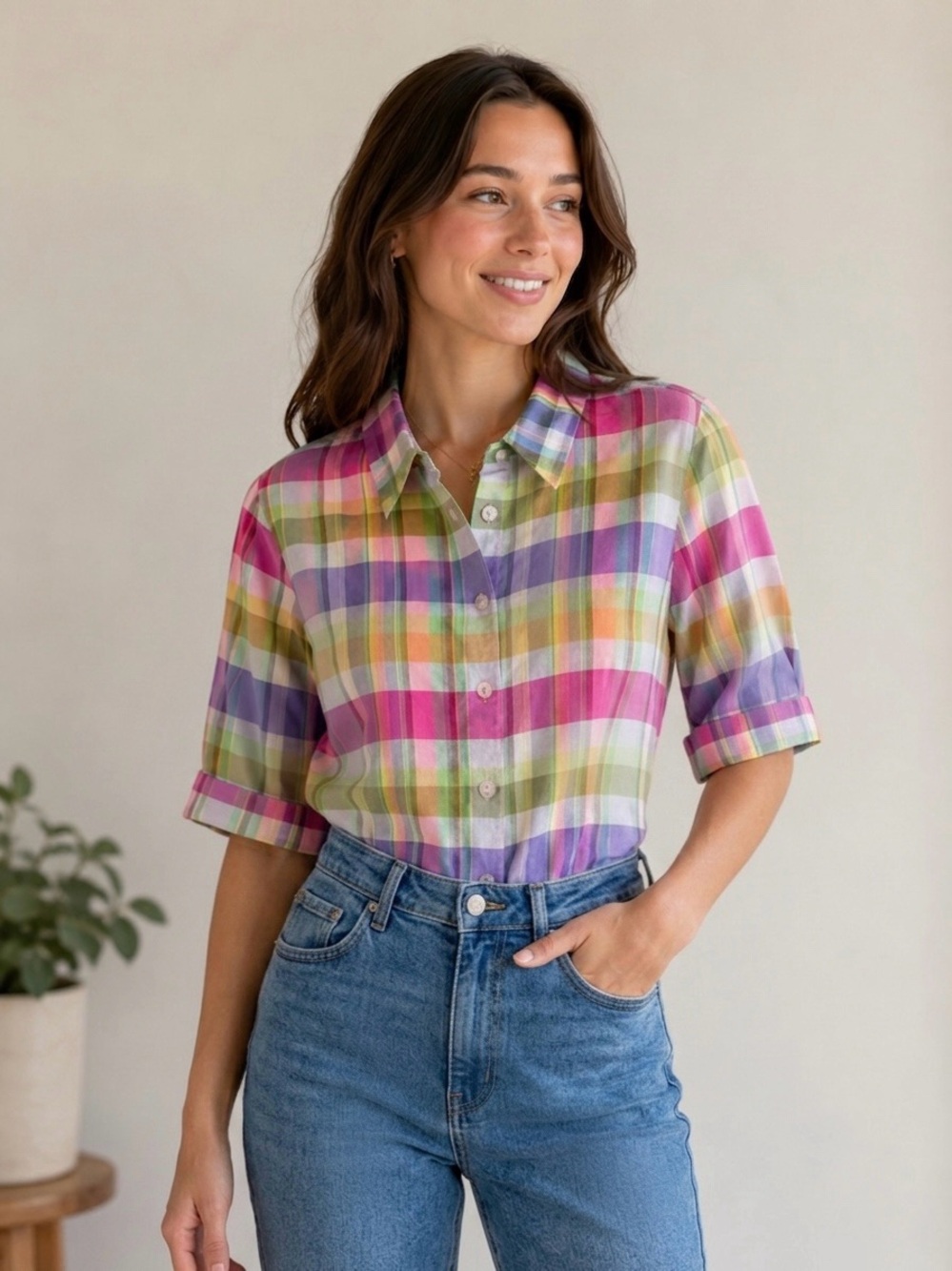 1980s 80s Vintage 100% Silk Crewcuts Multicolor Plaid Button-Up Shirt - Medium